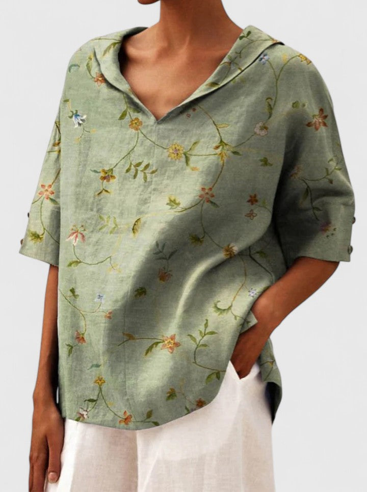 Elspeth Vauclaire | Floral Print V-Neck Linen Top in Green