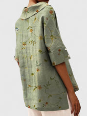 Elspeth Vauclaire | Floral Print V-Neck Linen Top in Green