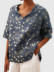 Elspeth Vauclaire | Floral Print V-Neck Linen Top in Green