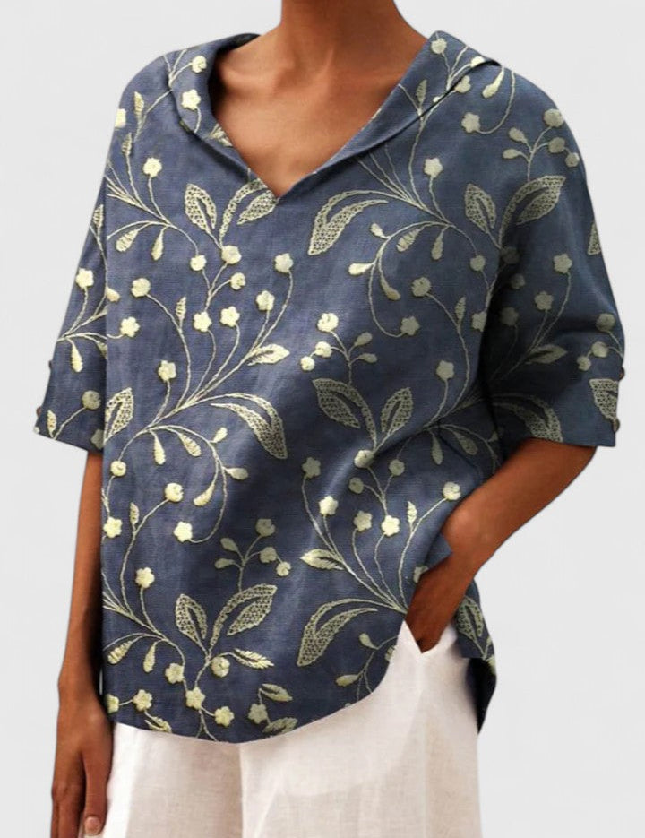 Elspeth Vauclaire | Floral Print V-Neck Linen Top in Green