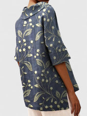 Elspeth Vauclaire | Floral Print V-Neck Linen Top in Green