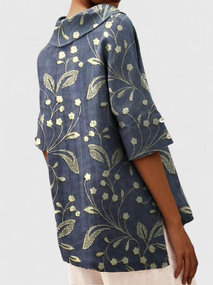 Elspeth Vauclaire | Floral Print V-Neck Linen Top in Green