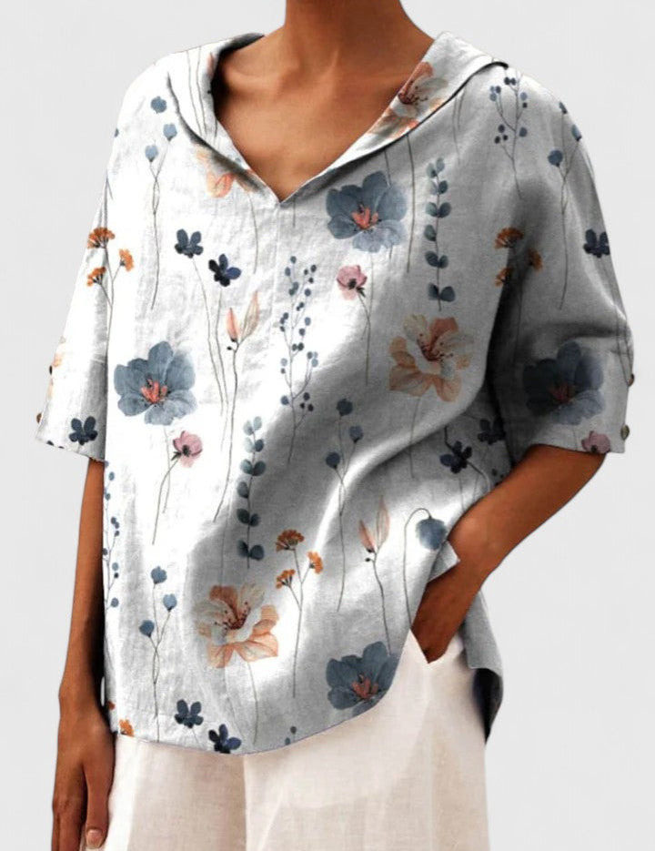 Elspeth Vauclaire | Floral Print V-Neck Linen Top in Green