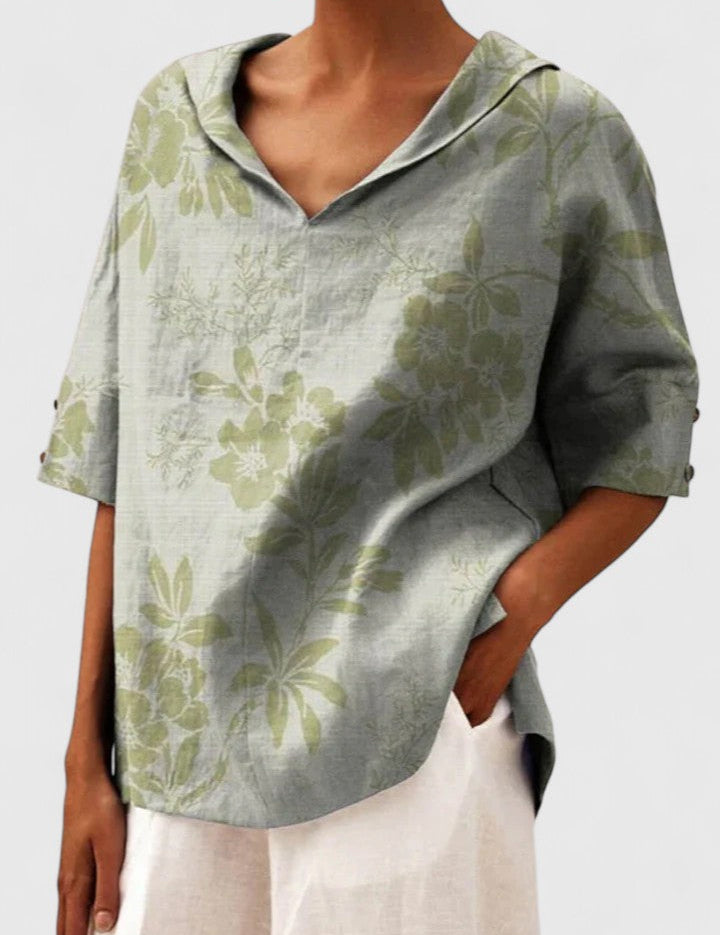 Elspeth Vauclaire | Floral Print V-Neck Linen Top in Green