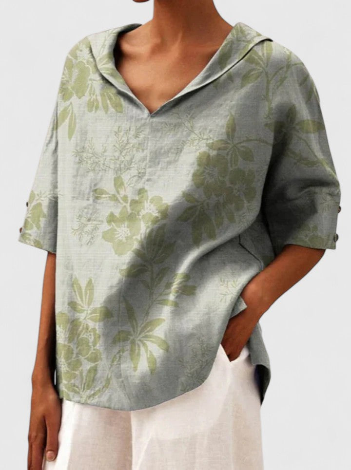 Elspeth Vauclaire | Floral Print V-Neck Linen Top in Green
