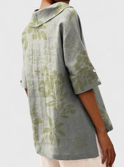 Elspeth Vauclaire | Floral Print V-Neck Linen Top in Green