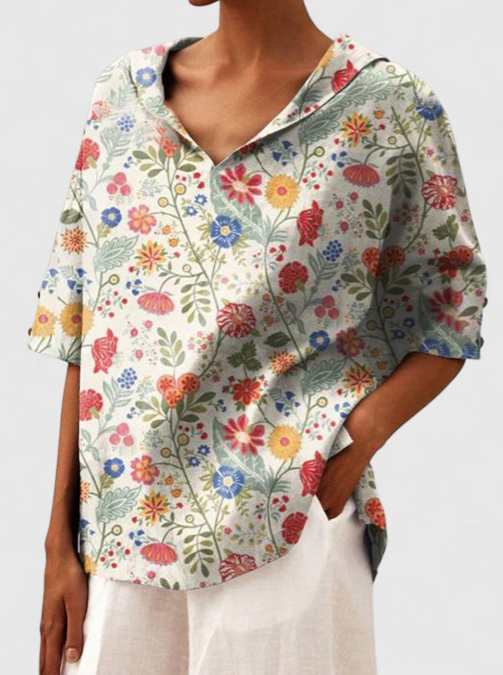 Elspeth Vauclaire | Floral Print V-Neck Linen Top in Green