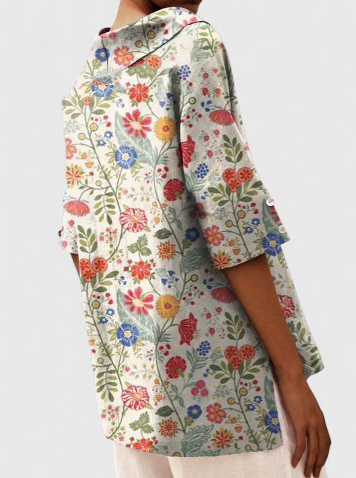 Elspeth Vauclaire | Floral Print V-Neck Linen Top in Green