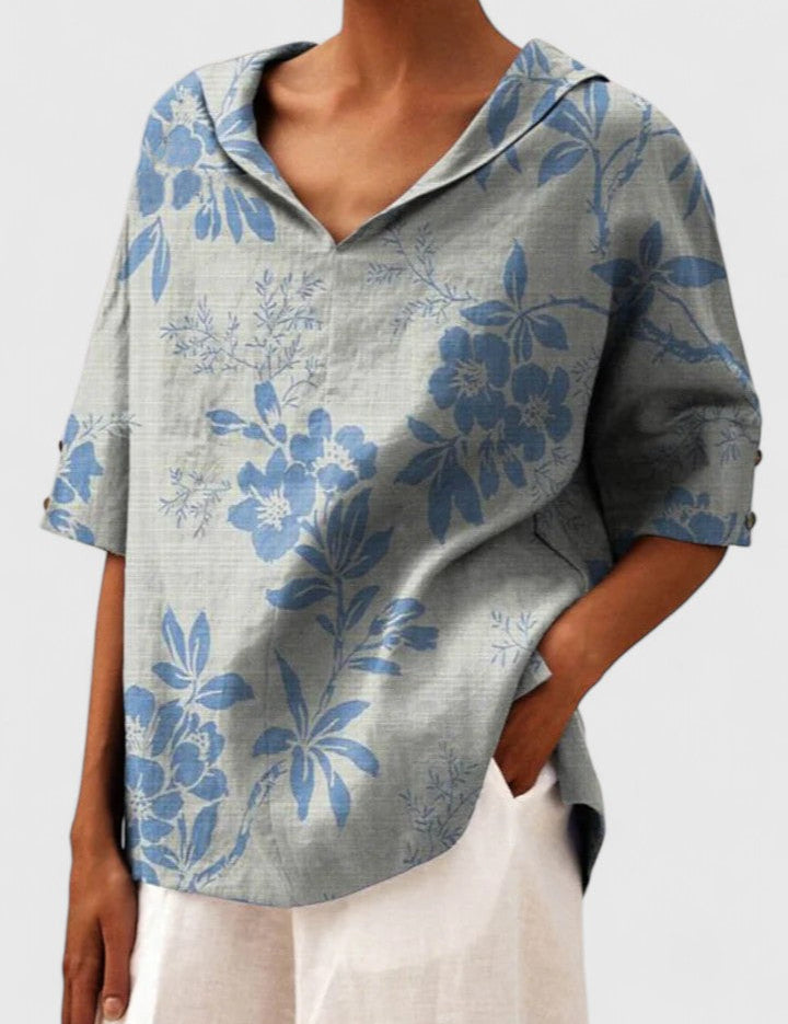 Elspeth Vauclaire | Floral Print V-Neck Linen Top in Green