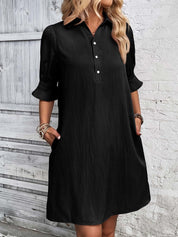 Aurelie Wyndcroft | Black Button-Down Shirt Dress with 3/4 Sleeves