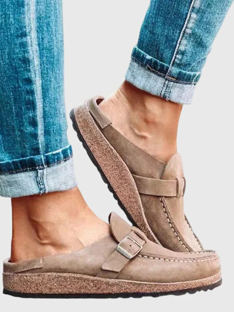 Seraphine Beauvais | Suede Buckle Comfort Clogs in Sage Green