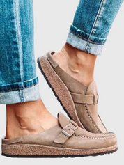 Seraphine Beauvais | Suede Buckle Comfort Clogs in Sage Green