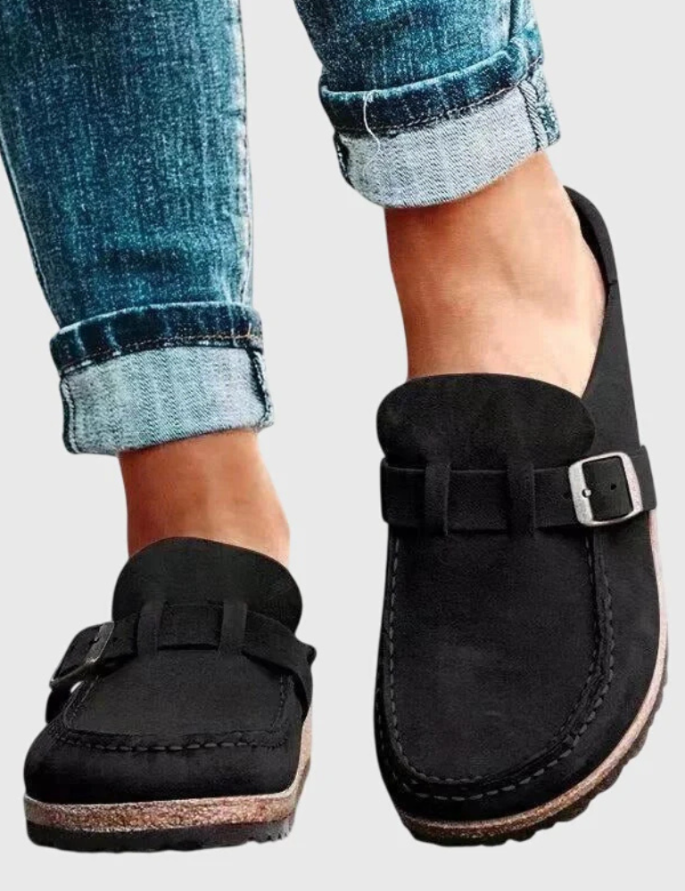 Seraphine Beauvais | Suede Buckle Comfort Clogs in Sage Green