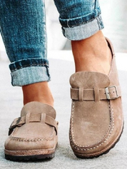 Seraphine Beauvais | Suede Buckle Comfort Clogs in Sage Green