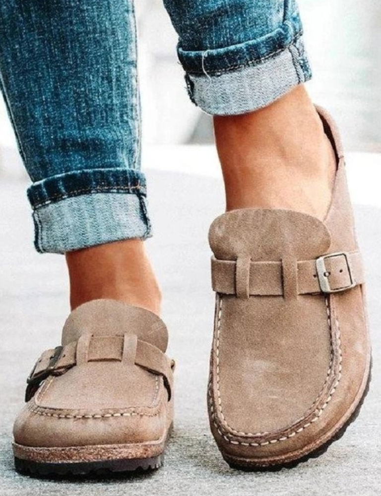 Seraphine Beauvais | Suede Buckle Comfort Clogs in Sage Green