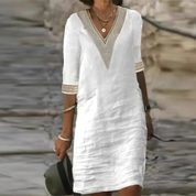 Coralie Whitbourne | White Lace-Trim V-Neck Cotton Linen Midi Dress