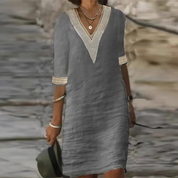 Coralie Whitbourne | White Lace-Trim V-Neck Cotton Linen Midi Dress