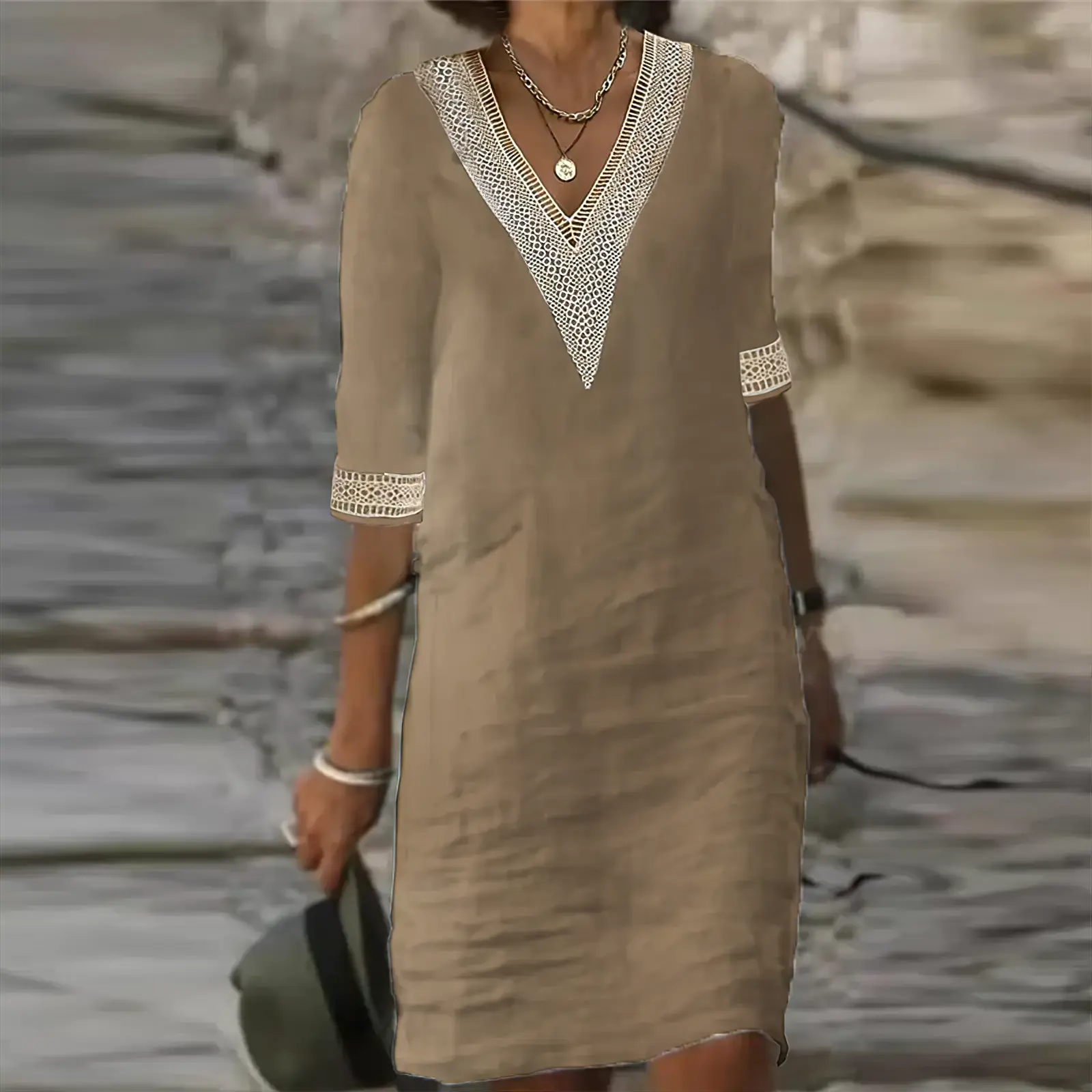 Coralie Whitbourne | White Lace-Trim V-Neck Cotton Linen Midi Dress