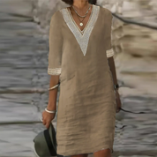 Coralie Whitbourne | White Lace-Trim V-Neck Cotton Linen Midi Dress