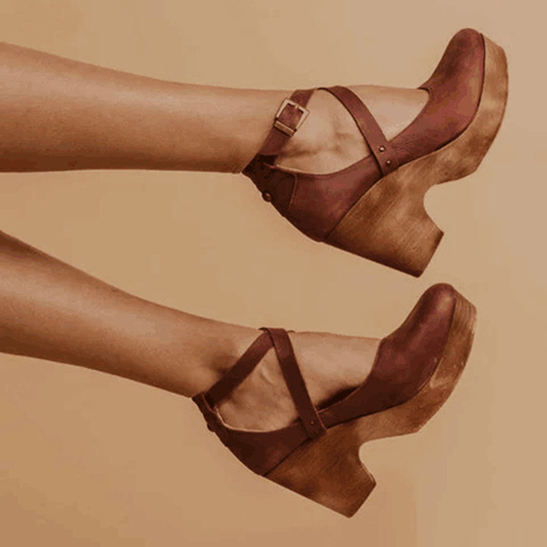 Natalie Fontbrière | Black Closed-Toe Wedge Heels with Ankle Strap