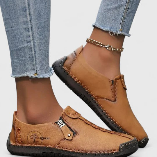 Primrose Caldwell | Tan Zip-Detail Leather Loafer Flats