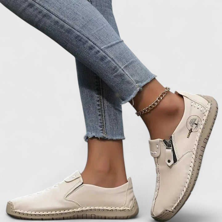 Primrose Caldwell | Tan Zip-Detail Leather Loafer Flats