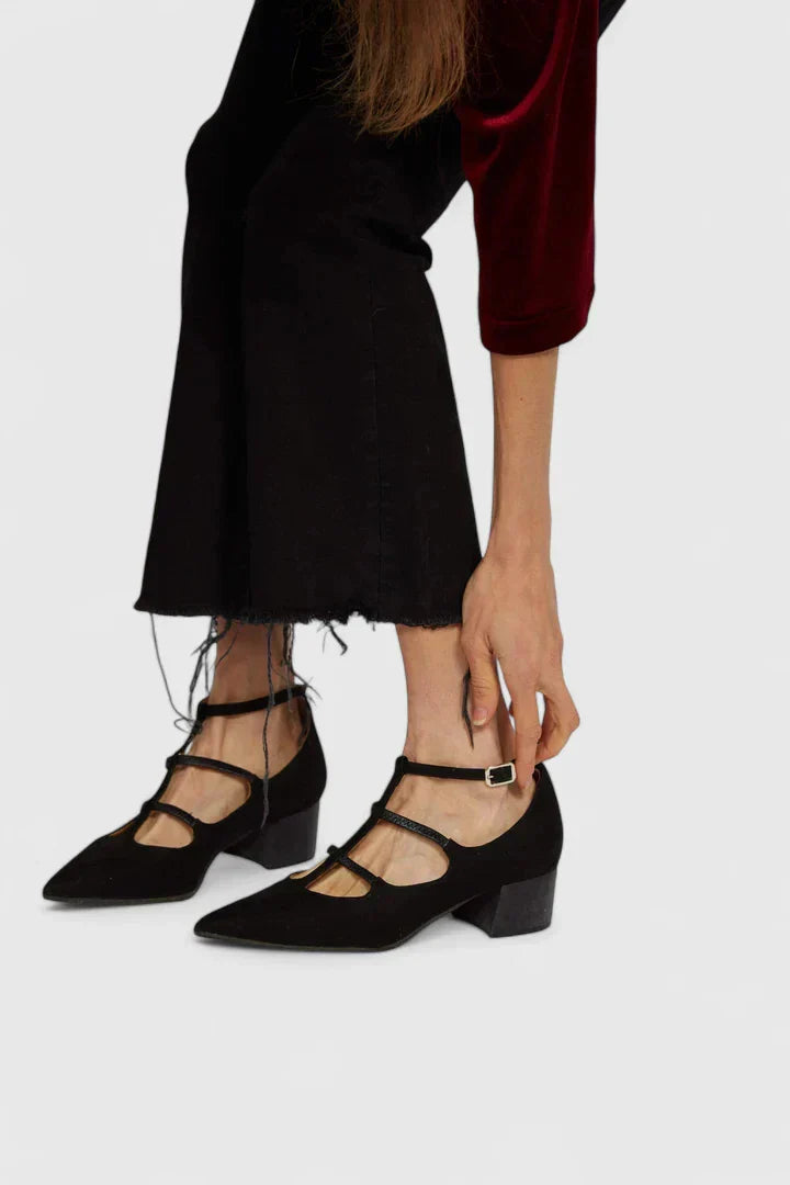 Giselle Thornbury | Black Suede Cutout Low Heel Pumps