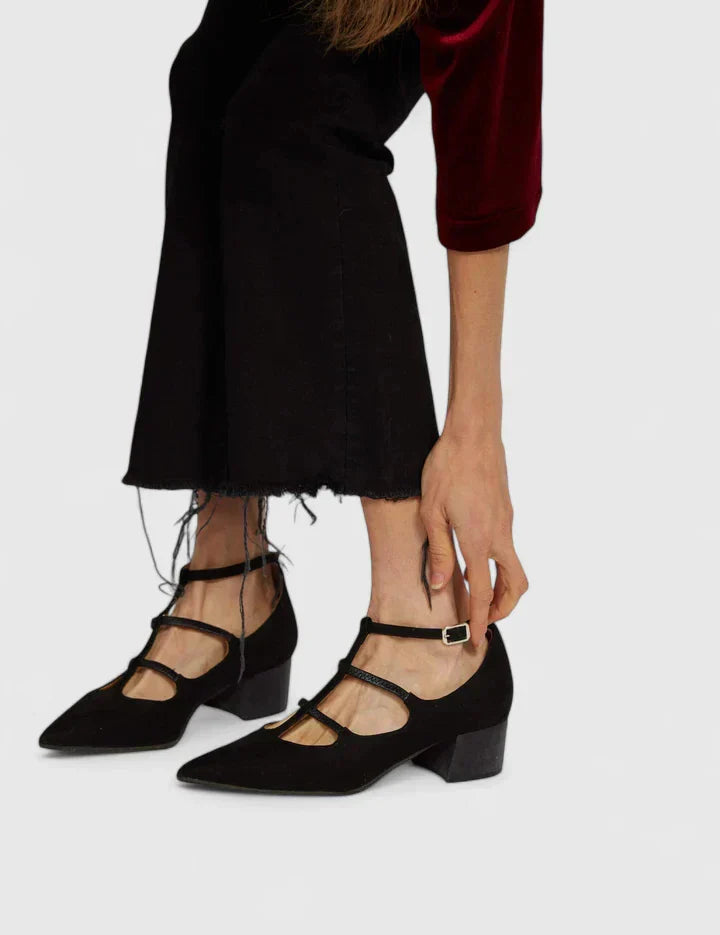 Giselle Thornbury | Black Suede Cutout Low Heel Pumps