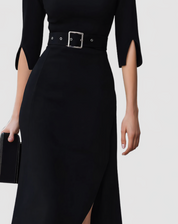 Verity Ashbourne | Black Belted Mock Neck Midi Dress with Split Sleeves