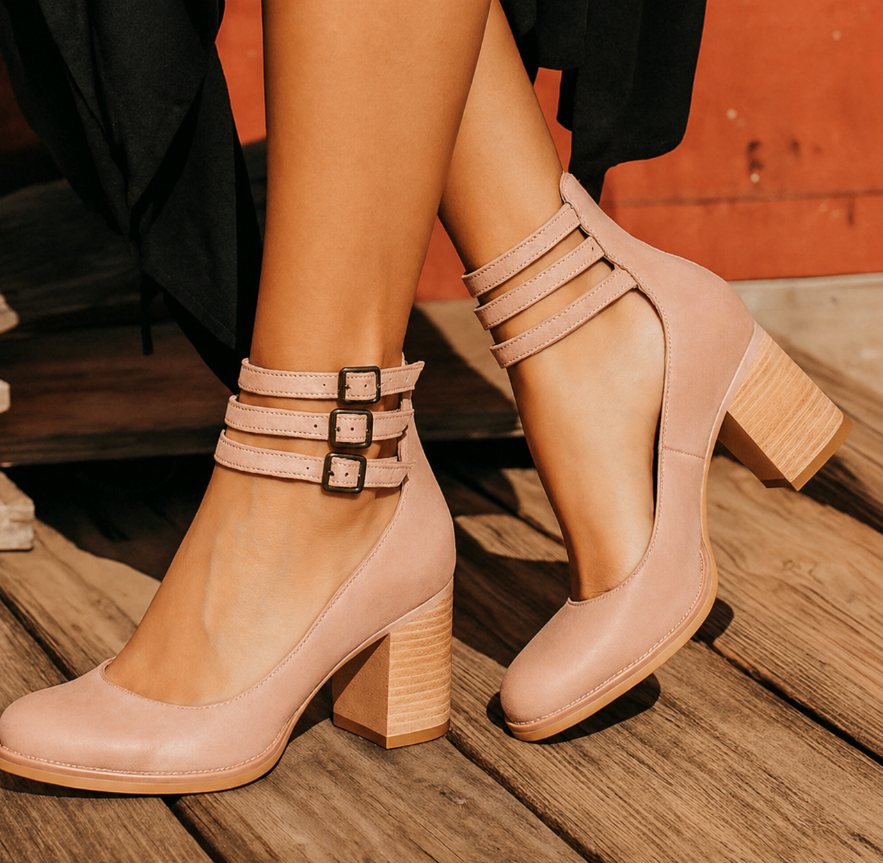 Eleanora Vosswick | Tan Leather Block Heel Ankle Boot with Double Buckle Straps
