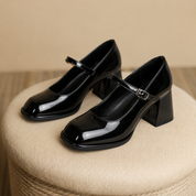 Céleste Ravenford | Black Patent Mary Jane Block Heel Pumps