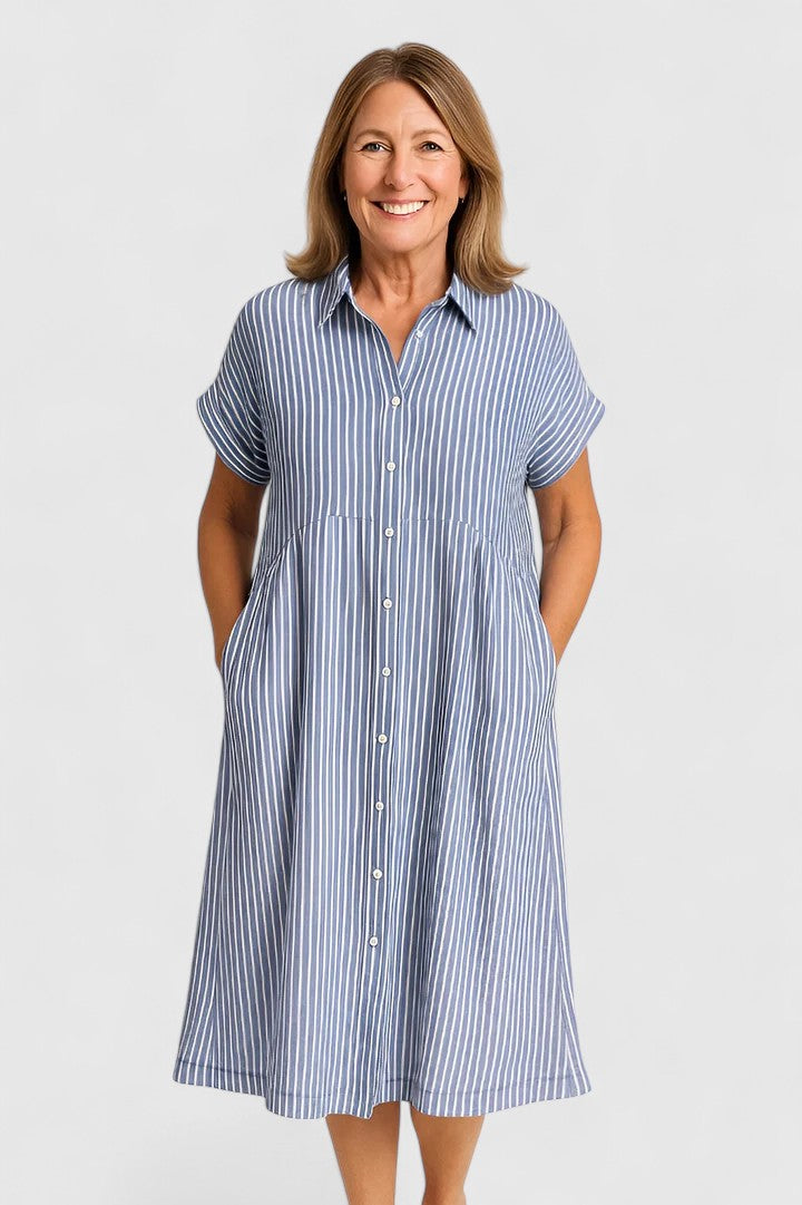 Clarisse Devonport | Blue Striped Linen Midi Shirt Dress