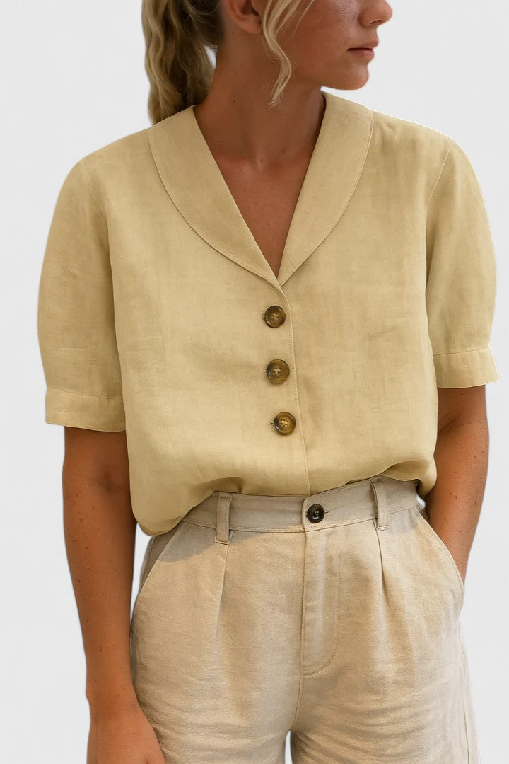 Elowen Vanthorpe | Linen V-Neck Button Blouse in Beige