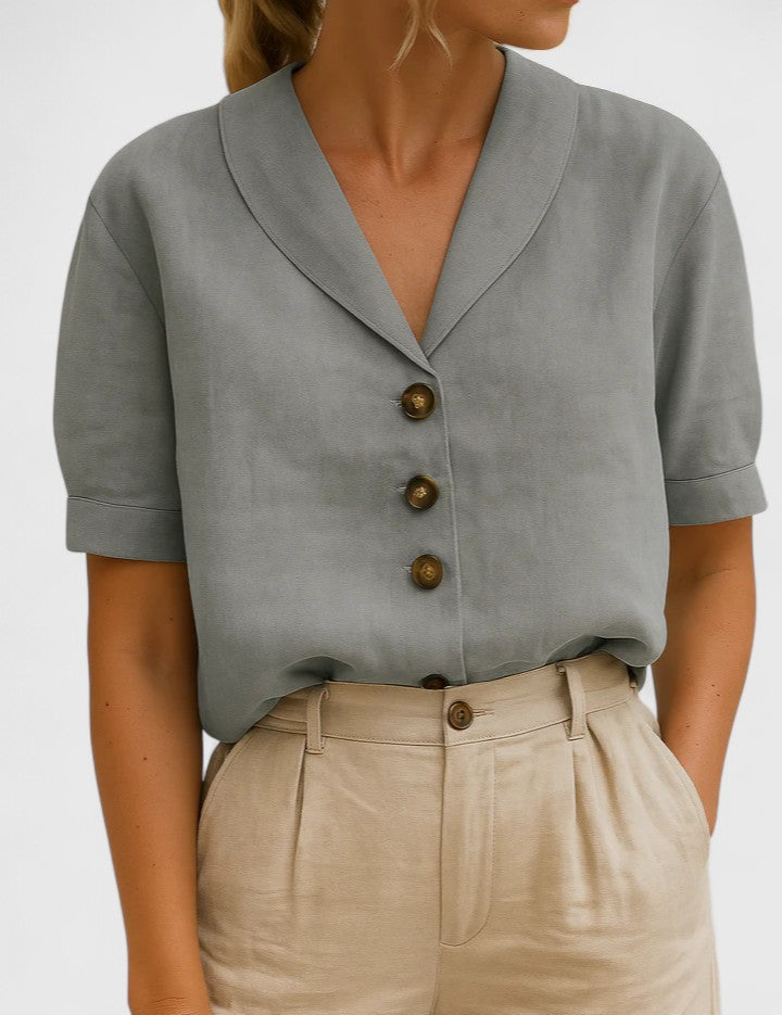 Elowen Vanthorpe | Linen V-Neck Button Blouse in Beige