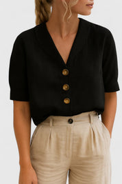Elowen Vanthorpe | Linen V-Neck Button Blouse in Beige