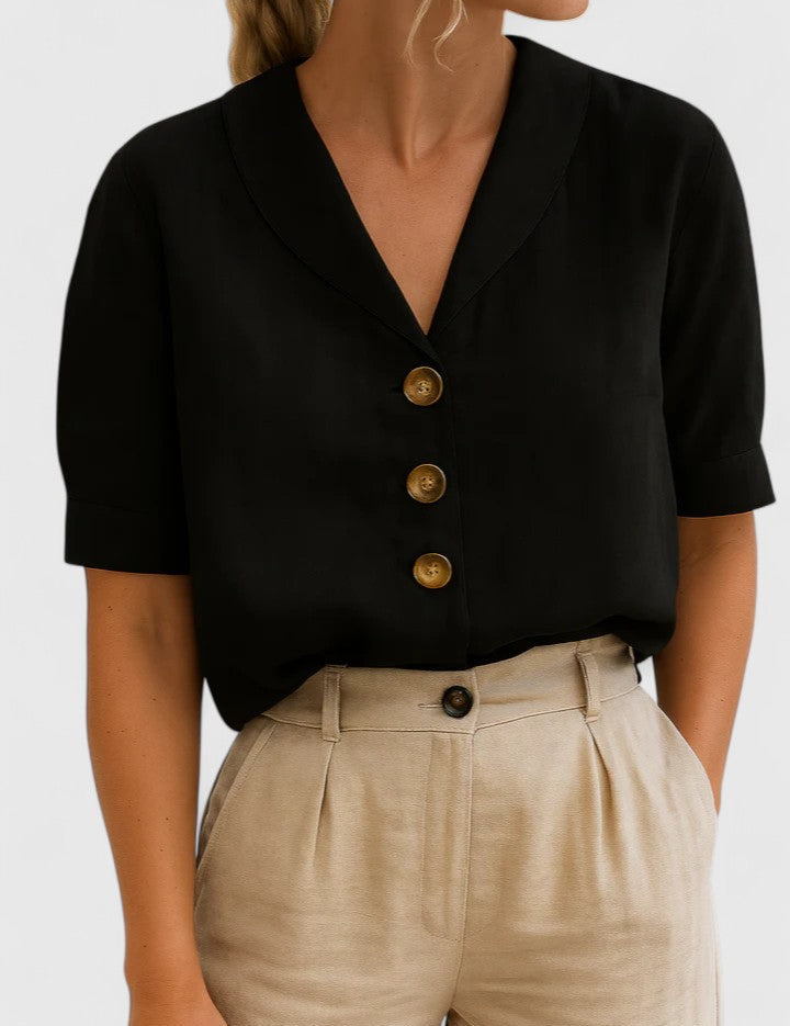 Elowen Vanthorpe | Linen V-Neck Button Blouse in Beige