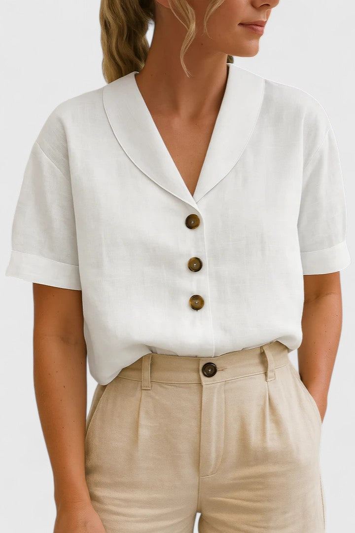 Elowen Vanthorpe | Linen V-Neck Button Blouse in Beige