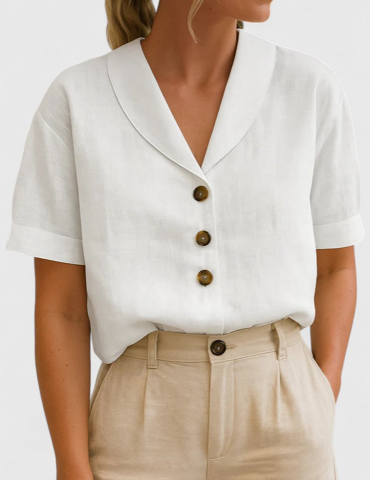 Elowen Vanthorpe | Linen V-Neck Button Blouse in Beige