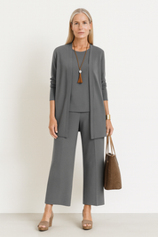 Josephine Hartclair | Women's 3-Piece Cardigan Tank & Wide-Leg Pants Set in Slate Grey