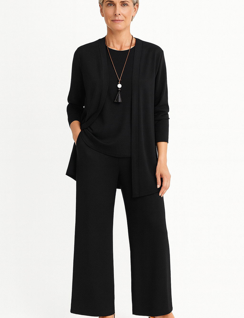 Josephine Hartclair | Women's 3-Piece Cardigan Tank & Wide-Leg Pants Set in Slate Grey
