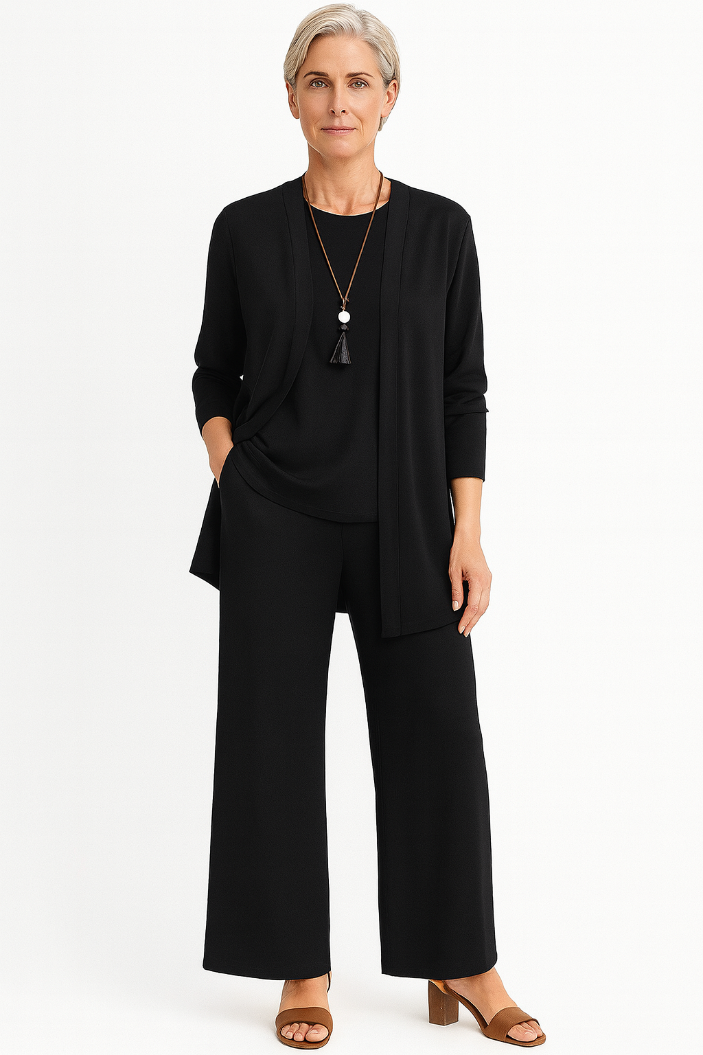 Josephine Hartclair | Women's 3-Piece Cardigan Tank & Wide-Leg Pants Set in Slate Grey