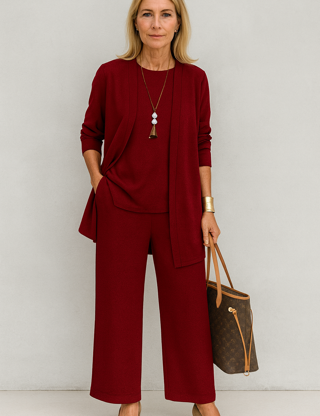 Josephine Hartclair | Women's 3-Piece Cardigan Tank & Wide-Leg Pants Set in Slate Grey