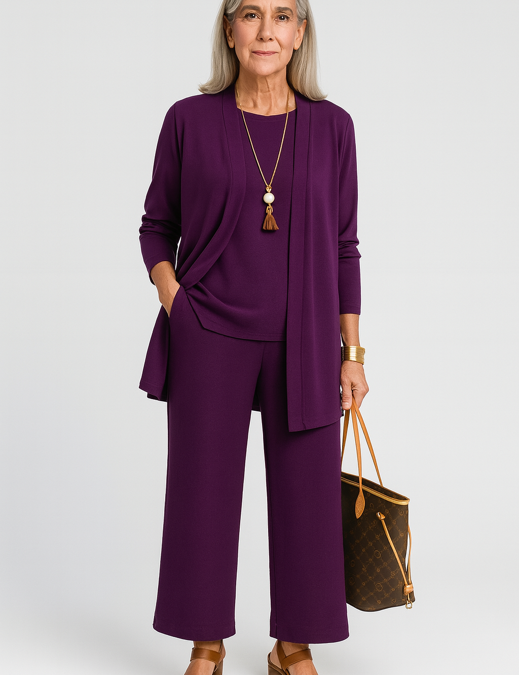 Josephine Hartclair | Women's 3-Piece Cardigan Tank & Wide-Leg Pants Set in Slate Grey