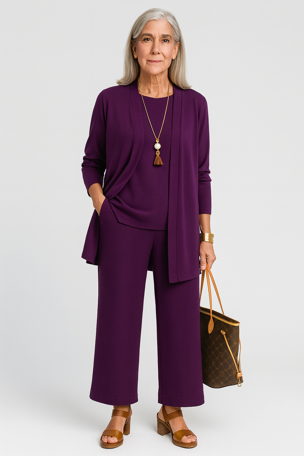 Josephine Hartclair | Women's 3-Piece Cardigan Tank & Wide-Leg Pants Set in Slate Grey