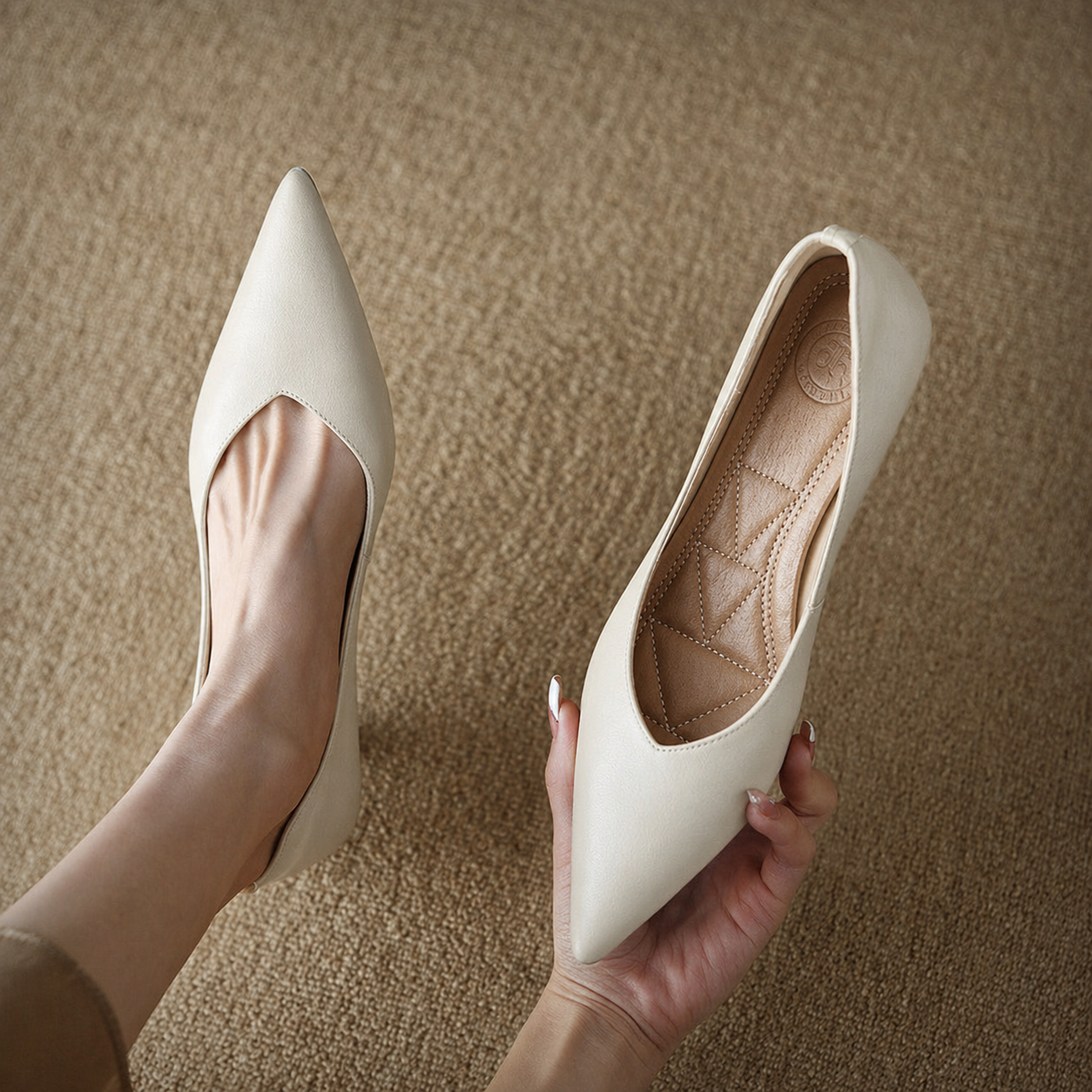 Eloise Fontbriand | Nude Pointed Toe Kitten Heel Pumps