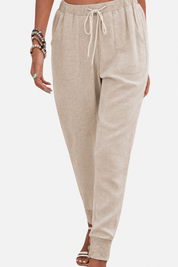 Eloïse Cartmonde | Beige Linen Drawstring Jogger Pants with Elastic Ankle Cuffs