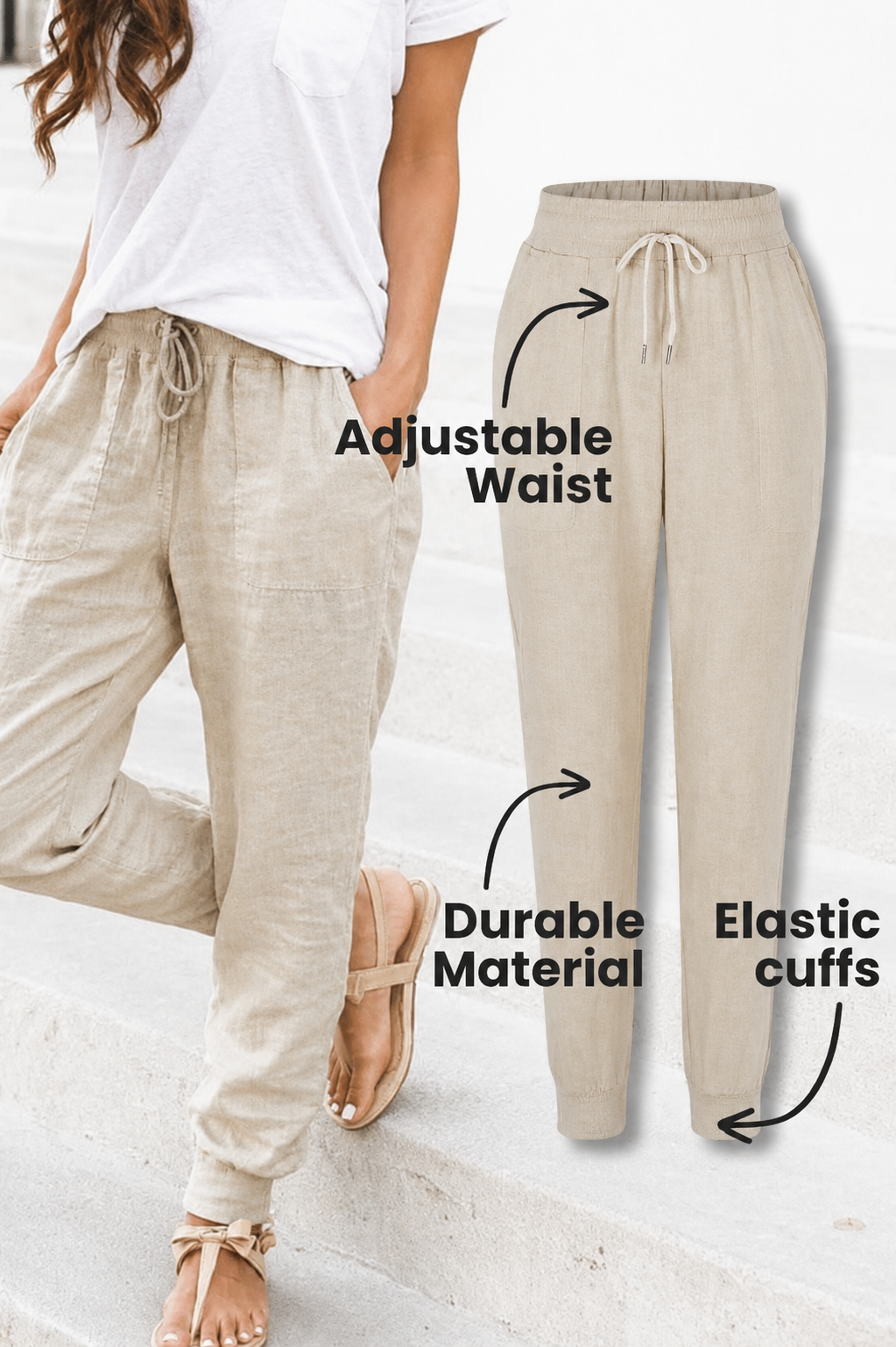 Eloïse Cartmonde | Beige Linen Drawstring Jogger Pants with Elastic Ankle Cuffs