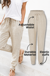 Eloïse Cartmonde | Beige Linen Drawstring Jogger Pants with Elastic Ankle Cuffs