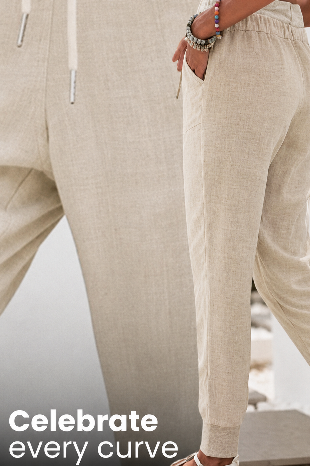 Eloïse Cartmonde | Beige Linen Drawstring Jogger Pants with Elastic Ankle Cuffs