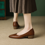 Eliane Beaufort | Beige Pointed Toe Block Heel Slip-On Pumps